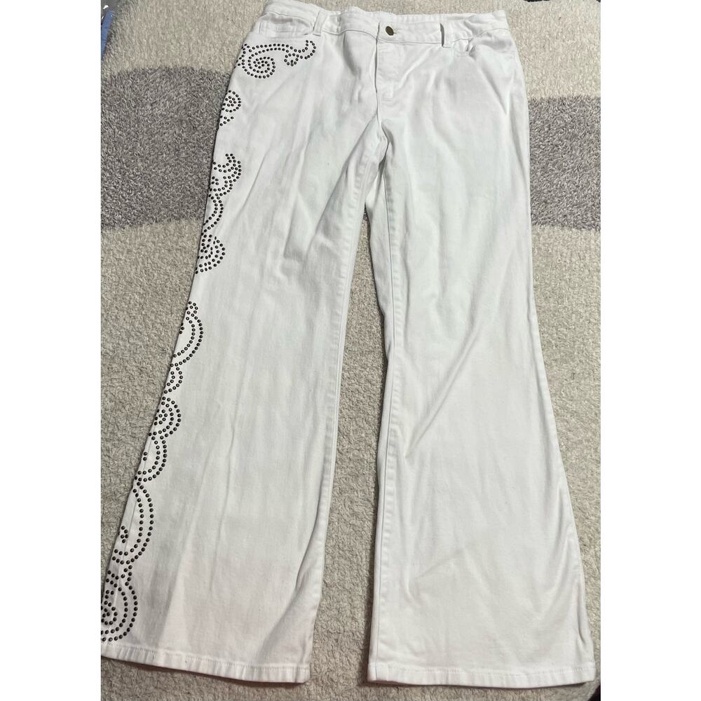 Boston Proper Womens 14 Wide Leg Flare Pants White Y2K Embellished Applique